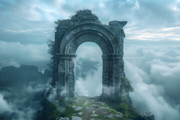 An ancient arched gate in the clouds, representing the historical and mystical atmosphere of ancient civilizations - obrazy, fototapety, plakaty