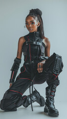 Naklejka premium Beautiful Young Mixed Race Black Model Woman Studio Setting Wearing Futuristic Clothes