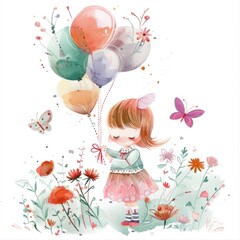Cute girl with balloons in a watercolor drawing, amidst colorful flowers.