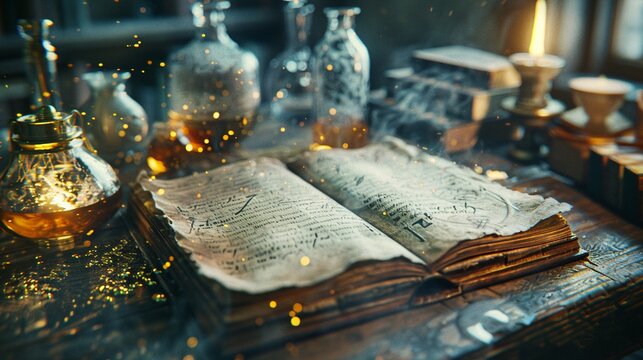 Bring the resurgence of alchemy to life with a captivating design in a frontal view Utilize a mix of modern and traditional elements, such as old manuscripts, bubbling concoctions, and mysterious sigi