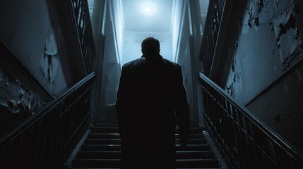 Capture the essence of psychological suspense with a compelling rear view of a figure walking down a dimly lit staircase, their identity concealed but their presence foreboding The play of shadows and