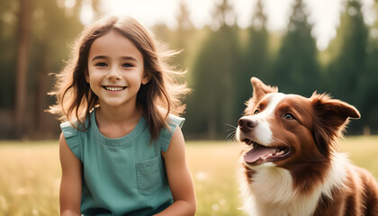 a little girl with border collie - obrazy, fototapety, plakaty