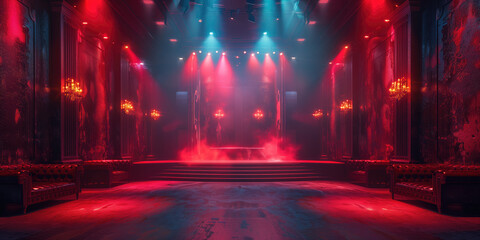 An atmospheric concert hall bathed in dramatic red lighting with a stage awaiting the arrival of a performer.