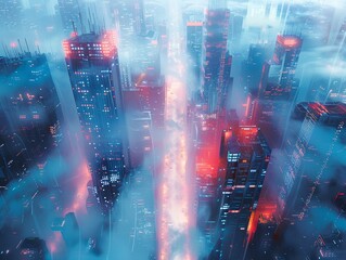 Capture the essence of moral ambiguity in AI with a surreal image of a futuristic cityscape dominated by towering AI constructs The play of light and shadows symbolizes the blurred lines between right