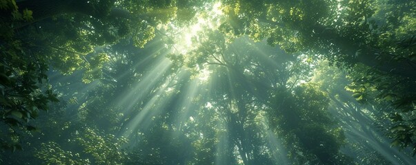 Craft a visually arresting graphic of a dense forest canopy seen from below, with shafts of sunlight piercing through the leaves This image should capture the essence of endurance and strength, emphas - obrazy, fototapety, plakaty