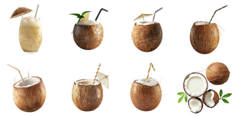 Coconut juice png set collection in 3d transparent no background.