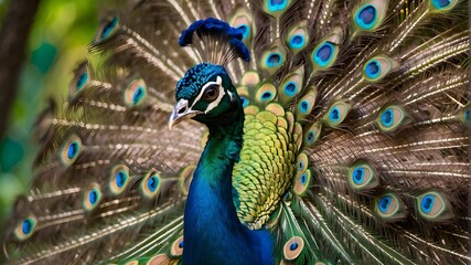 A colorful peacock spreading its iridescent feathers in a display of natural beauty.
