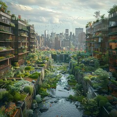 Create an innovative city layout that prioritizes biodiversity, green roofs, and community gardens Present the holistic approach to urban planning from a rear perspective, emphasizing the symbiotic re