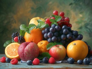 Design a unique and imaginative depiction of the four classical elements using fruits, focusing on earth in particular Utilize creative angles and lighting to make the fruits appear vivid and realisti