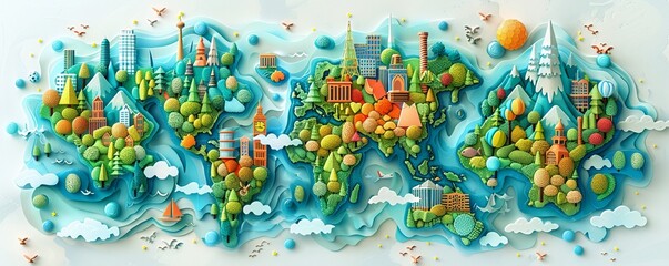 Design a striking graphic that depicts a birds-eye view of a world map, highlighting regions implementing impactful environmental policies Use vibrant colors and symbols to emphasize progress towards 