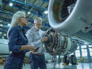 Imagine an image where an engineer stands in front of an airplane at an airport, engaged in the technical examination or repair of the aircraft's engine This scene encapsulates the convergence of avia - obrazy, fototapety, plakaty