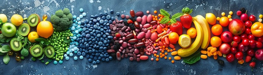 Design a visually stunning aerial image of a colorful array of fruits, vegetables, and supplements forming a vibrant landscape Showcase the harmony between nature and supplementation in promoting heal