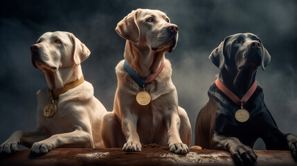 A white and black winners labrador dog with a gold collar sits on the ground in front of a dark...