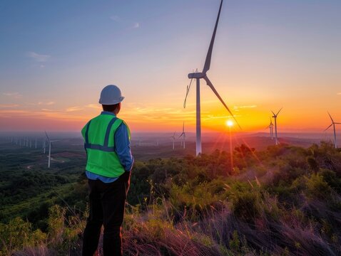 Imagine an image that captures a woman with a turbine at sunset, embodying the essence of freedom and energy The scene unfolds in nature, where the sky blends into a vibrant tapestry of colors, markin