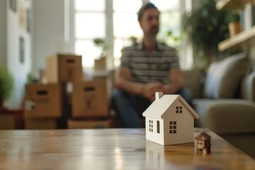 Miniature wooden toy house against the background of a man with boxes. - obrazy, fototapety, plakaty