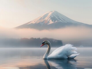 I've created an image that encapsulates a serene morning scene by a lake, featuring a single swan...