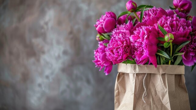 Beautiful pink purple peony bouquet in paper bag copy space background. AI generated image