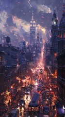 Imagine a bustling metropolis where urban legends come alive in everyday scenes; depict a fusion of reality and myth in a mesmerizing panoramic view - obrazy, fototapety, plakaty