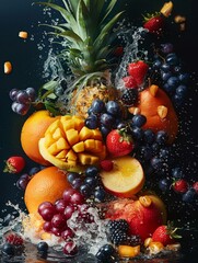 Produce a visually striking composition showcasing a variety of fruits symbolizing earth, water, air, and fire, with each element seamlessly integrated into the design The image should evoke a sense o