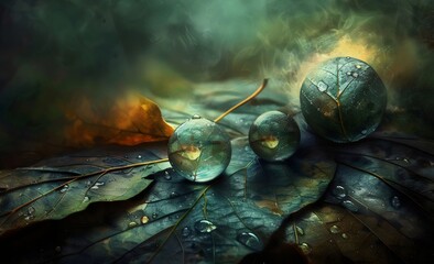 Obraz na płótnie Canvas Mystical Spheres on Dewy Leaves