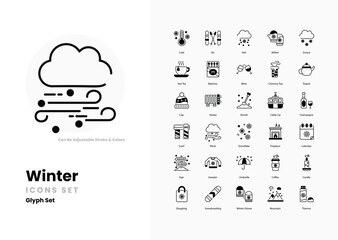 winter icon set Snowflake, hot cocoa, mittens, snowman, icicles, sled, frost, polar bear, winter hat, scarf, snow globe, fireplace, penguin, chilly, frosty, snow vector illustration