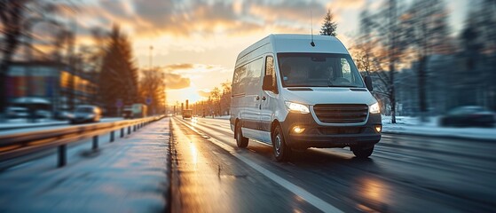 White modern delivery small shipment cargo courier van moving fast on motorway road to city
