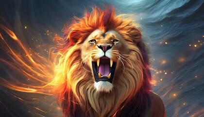 A lion with a fiery mane and a mouth open wide - obrazy, fototapety, plakaty