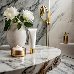 A luxury marble tabletop with a lotion tube, a facial cream, a flower vase in an elegant bathroom.