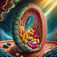 A 3D scene depicting the journey of a capsule through the digestive system from ingestion to absorption