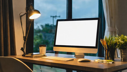A modern home office in the evening with a PC computer mockup on a table against the window.