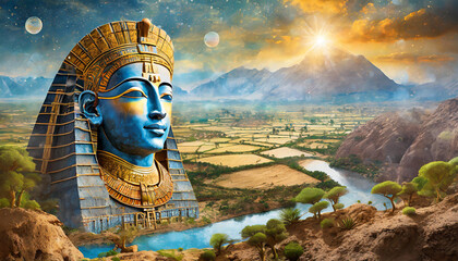 A mural of the Egyptian god Geb, personifying the Earth, in a narrative about soil conservation, against a blurred depiction of fertile lands.