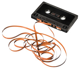 Audio cassette with unrolled tape. Isolated background.