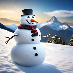 Obraz premium Snowman Winter Landscape Snow december. Snowman in a winter landscape, adorned with a black hat and red scarf