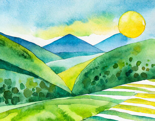 Abstract summer landscape scene with geometric forms, hand drawn; watercolor on paper