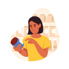 Vector illustration of a beautiful girl choosing a product in a store. Cartoon scene of shopper girl reading jar label, choosing product before purchase isolated on white background.