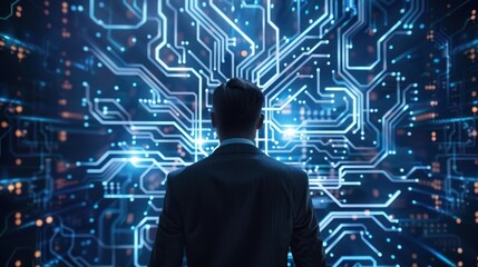 Businessman looking analytic digital circuit graphic technology. AI generated image