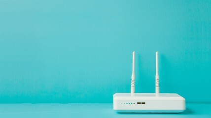 A modern wireless router with antennas on a vivid blue background, depicting wireless communication on World Internet Day. - obrazy, fototapety, plakaty