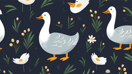 Cute goose seamless pattern. Adorable farm birds. D