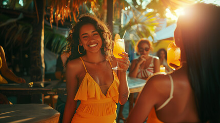 beautiful latina woman in a yellow dress, smiling and holding a drink at a day party,  in front of some of whom are also holding drinks, lively and fun - obrazy, fototapety, plakaty