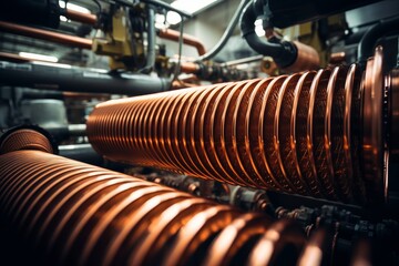 The heart of cooling systems: A detailed view of a condenser coil in a bustling industrial setting
