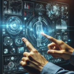 A pair of hands interact with an advanced medical technology interface, suggesting a futuristic approach to healthcare diagnostics. The transparent display shows detailed human anatomy and health data