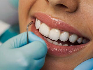 An open female mouth with white teeth. Dentist appointment. Close-up. Oral hygiene and caries control. Teeth whitening. Medicine and dentistry.
