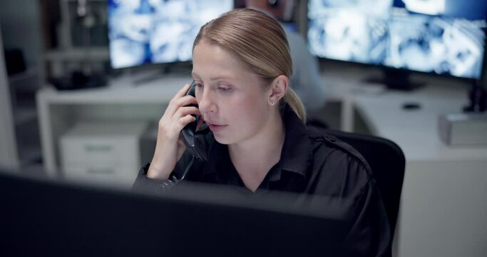 Emergency, phone call and woman on computer for service, first responder and customer support. Telecommunication, surveillance office and person with telephone for security, helpline and contact