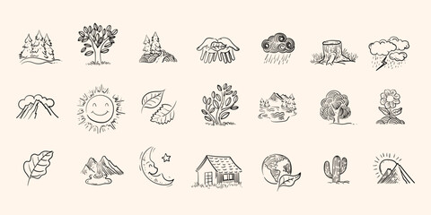 Landscape and landforms icon set. Natural, terrain, line stroke hand drawn.