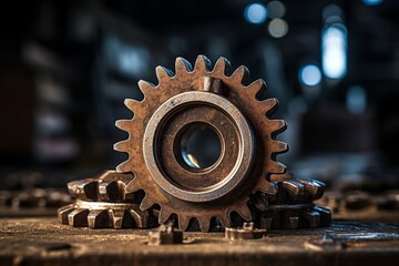 An antique sprocket wheel lying among scattered nuts and bolts on a rustic table in a dimly illuminated workshop - obrazy, fototapety, plakaty
