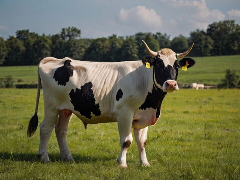 An adult large cow is white and brown in color. Cattle. Animals on the farm. Rural fauna. Mammals.