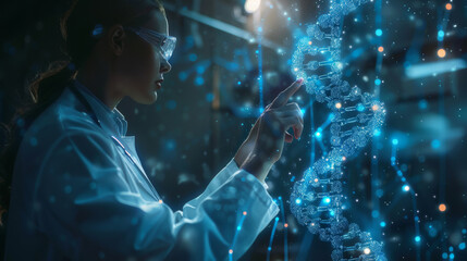 Scientist, doctor investigates holographic image of DNA strand, AND chromosomes, genetic engineering, research, longevity extension - obrazy, fototapety, plakaty