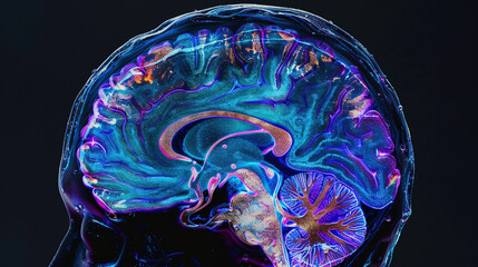 Enhanced cerebral cortex, detailed lobes of the brain, neural efficiency, brainwave activity - obrazy, fototapety, plakaty