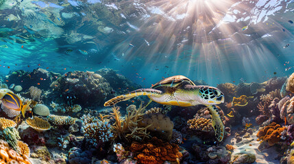 Turtle in the reef, full ecosystem view, symbiotic interactions, coral and marine life - obrazy, fototapety, plakaty