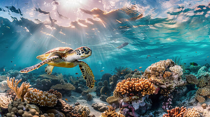 Turtle in the reef, full ecosystem view, symbiotic interactions, coral and marine life - obrazy, fototapety, plakaty